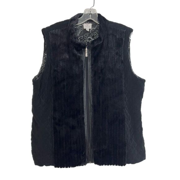 Chico’s Women’s Black Faux Fur Full Zip Vest Size 3 US XL Quilted Back - Picture 1 of 9